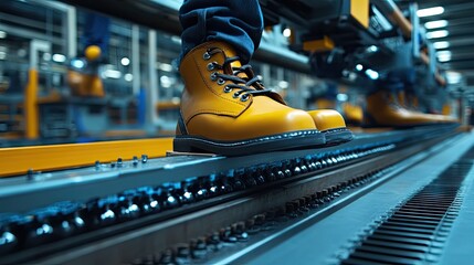 Fototapeta premium Cold welding shoe assembly station with adhesive application equipment