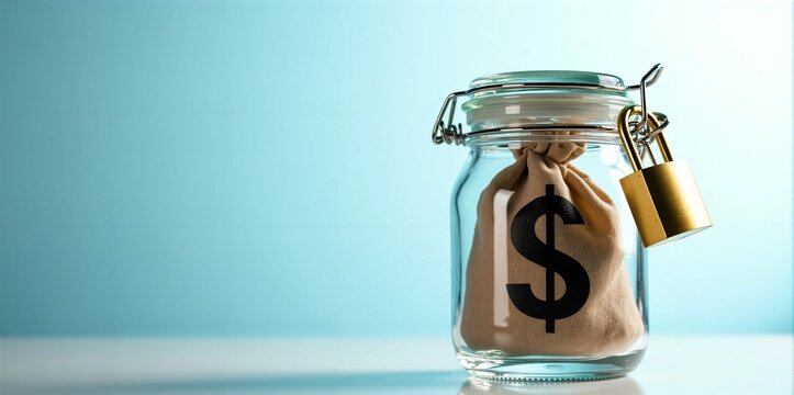 A Secure Glass Vault: A Light Beige Sack with a Bold Dollar Sign Enclosed in a Padlocked Jar Symbolizing Financial Safety and Savings on a Serene Blue Background.