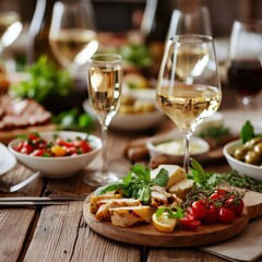 Elegant Dining Table Spread with Variety of Dishes, Wine Glasses, and Fresh Ingredients for Gathering
