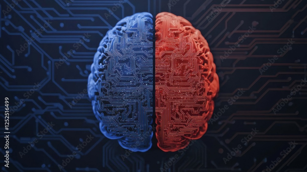 Poster split human brain with circuit patterns in blue and red colors representing technology and innovatio