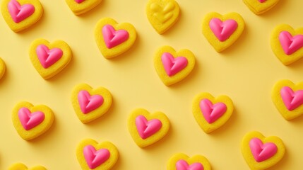 Colorful Heart-Shaped Candy on Bright Yellow Background
