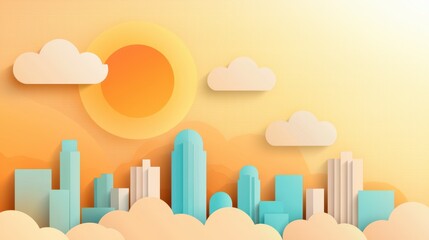 Vibrant City Skyline with Fluffy Clouds Beneath a Warm Sun in a Colorful Background