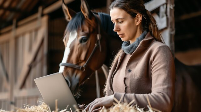 A woman in a brown jacket is working on a laptop with a horse behind her. - Powered by Adobe