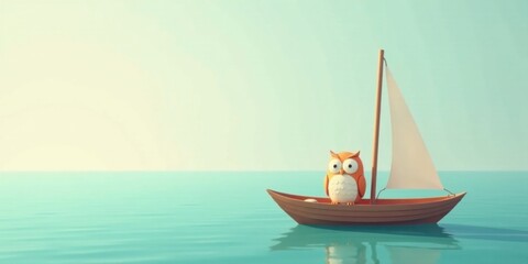 Naklejka premium A whimsical orange owl embarks on a serene voyage aboard a tiny sailboat, gliding effortlessly across a tranquil expanse of turquoise water under a pale, sunny sky.
