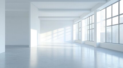 Obraz premium Large open space inside an unfurnished home with white walls.