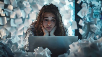 A young woman is sitting in a room surrounded by crumpled paper, looking tired as she works on her laptop.