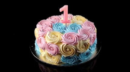 Small round birthday cake with "1" shaped candle on top, decorated with pastel frosting.