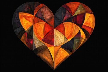 Geometric heart composed of stained glass patterns on black background