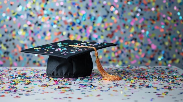 Graduation cap placed on a table with confetti in the background.