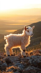 Obraz premium A baby goat standing on a rocky hill, its fluffy coat glowing in the golden hour, with a vast valley in the background.