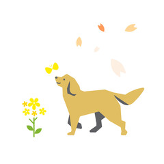 春を喜ぶ犬　カラフルで楽しいフラットイラスト