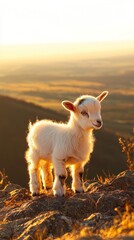 Obraz premium A baby goat standing on a rocky hill, its fluffy coat glowing in the golden hour, with a vast valley in the background.