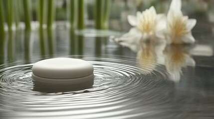 Serene Pond: White Disc on Tranquil Water with Lily Reflections