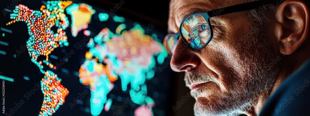 Poster focused senior man analyzing global data visualizations on a digital screen in a dark room