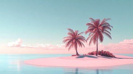 Pink Island Paradise Two Palm Trees Peaceful Ocean