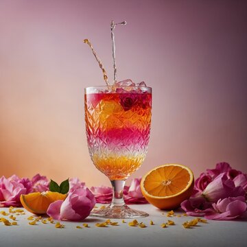"A vibrant sharbat drink served in a tall glass, filled with colorful layers of pink, orange, and yellow hues. Garnished with delicate rose petals and crushed ice, the drink sparkles under soft lighti