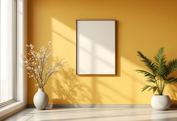 A photo frame on a modern wall with a matte yellow finish and a plant creating a warm and inviting ambiance