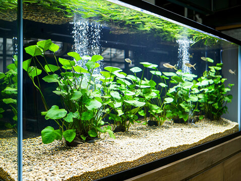vibrant aquarium showcasing unique biotope with freshwater plants and fish, creating serene underwater environment. lush greenery and clear water enhance tranquil atmosphere