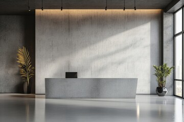 Modern Reception Area with Smooth Concrete Wall and Desk, Minimalist Design with Indoor Plants, Office Interior, Clean Background with Copyspace for Text, Ideal for Wallpaper and Design.
