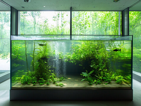 stunning aquarium showcasing unique biotope with freshwater plants and fish, surrounded by lush greenery and natural light. serene environment creates peaceful atmosphere