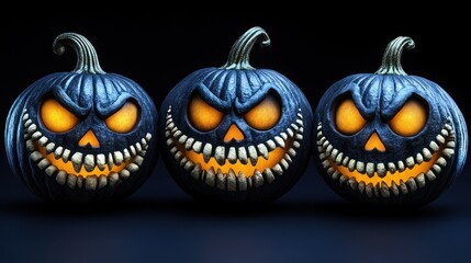 Three menacing dark blue Halloween pumpkins with glowing evil grins, a spooky digital art creation.