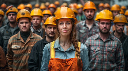 The image shows a young Caucasian woman among male construction workers.
