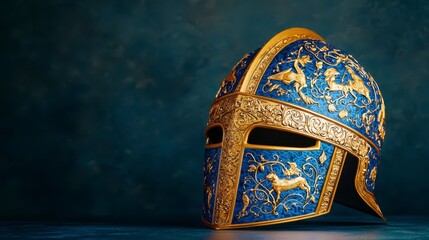 Intricately Designed Blue and Gold Helmet Showcasing Historical Craftsmanship