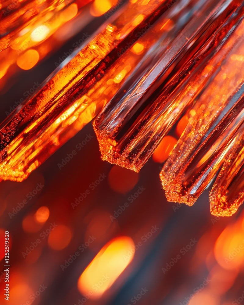 Poster close-up view of glowing orange crystal structures with vibrant light reflections and unique texture