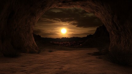Cave Outlook at Sunset over Desert Cityscape in Silhouette Scenery in Canyon Region Dramatic Scene.