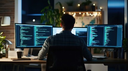 A dedicated software engineer debugging code on multiple computer screens in a modern tech startup office, Tech startup office scene, Innovative and tech-savvy style