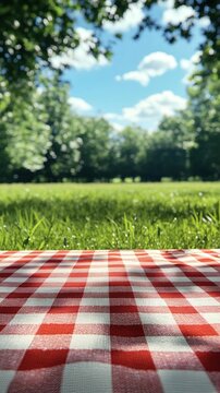 a red and white checkered table cloth on the grass for photo product background