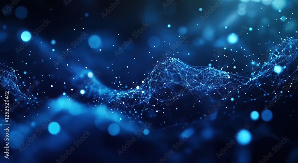Poster exploring abstract network structures: data visualization in blue, digital connections and network d