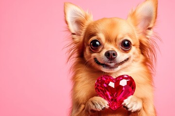 Commercial artwork. Cute chihuahua pooch with diamond red heart - sign of love, funny greeting card. Chihuahua - my cherished dog. Pet love ideas. February love animal photography. Red heart.