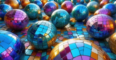 Obraz premium Luminous mosaic spheres reflecting vibrant blue, gold, and purple hues on a shimmering tiled surface. Dynamic interplay of light and color creates a mesmerizing geometric scene