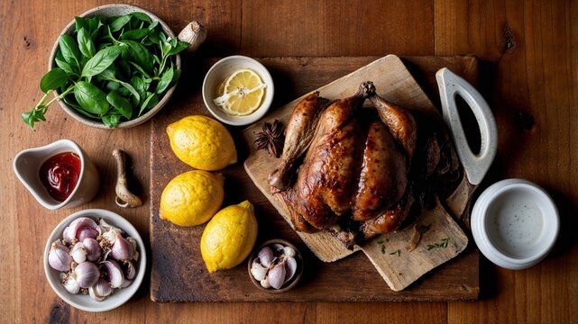 Fresh homemade cuisine. Delicious grilled seasoned whole chicken. In a small bowl, combine coarse salt, pepper, and fresh basil leaves. Generative AI. - Powered by Adobe