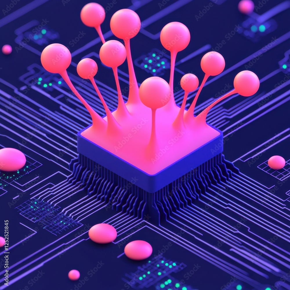 Poster vibrant abstract representation of technology and innovation with colorful spheres and circuit patte