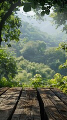 Fototapeta premium a wooden table with a view of a forest for photo product background