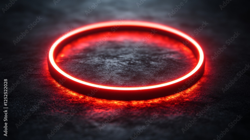 Poster glowing red neon circle on dark textured surface, futuristic abstract concept