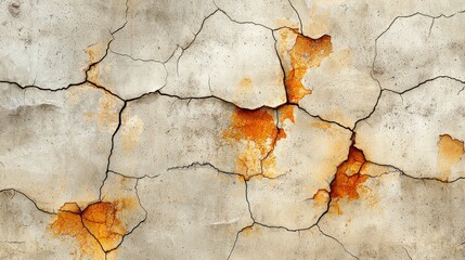 Naklejka premium Close-Up View of a Textured Cracked Wall with Rust-Colored Patches Displaying Age and Decay