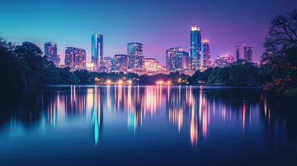 Fototapeta premium A beautiful city skyline reflected in the water at night with glowing lights.