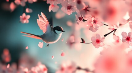 Bird in ethereal flight among sakura blossoms, springtime serenity scene