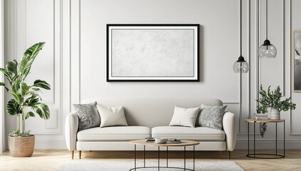 Modern Living Room Design: Elegant Sofa, Coffee Table, and Wall Decor with Plants, Creating a Serene Atmosphere