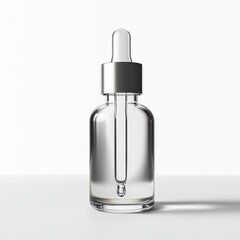 Clear glass dropper bottle on white.  Product photography for website