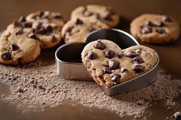 Heart shaped chocolate chip cookie with mold and dust