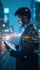 business futuristic network exposure using double man connect background tablet city technology business network technology man city future tablet smart double exposure online digital concept