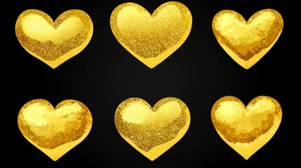 Obraz premium Six Glittering Golden Hearts on a Black Background for Celebration