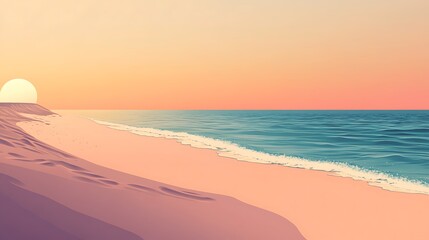Fototapeta premium Serene Sunset Beachscape With Footprints In Sand