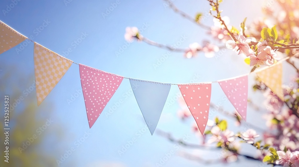 Poster a string of pastel-colored easter bunting fluttering in the breeze against a soft blue spring sky.