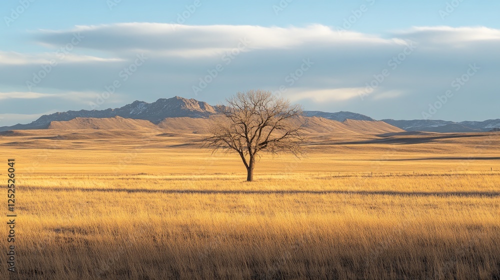 Poster a sunlit open field with a lone tree standing in the center, representing solitude and reflection.