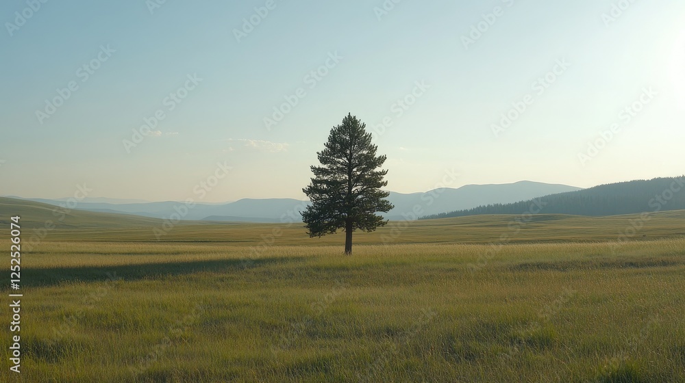 Poster a sunlit open field with a lone tree standing in the center, representing solitude and reflection.